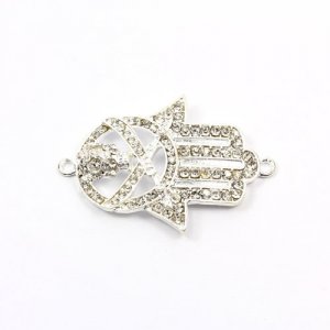 Hand of Fatima pendant, silver-plated brass, 30x44mm, clear rhinestone, Sold individually.